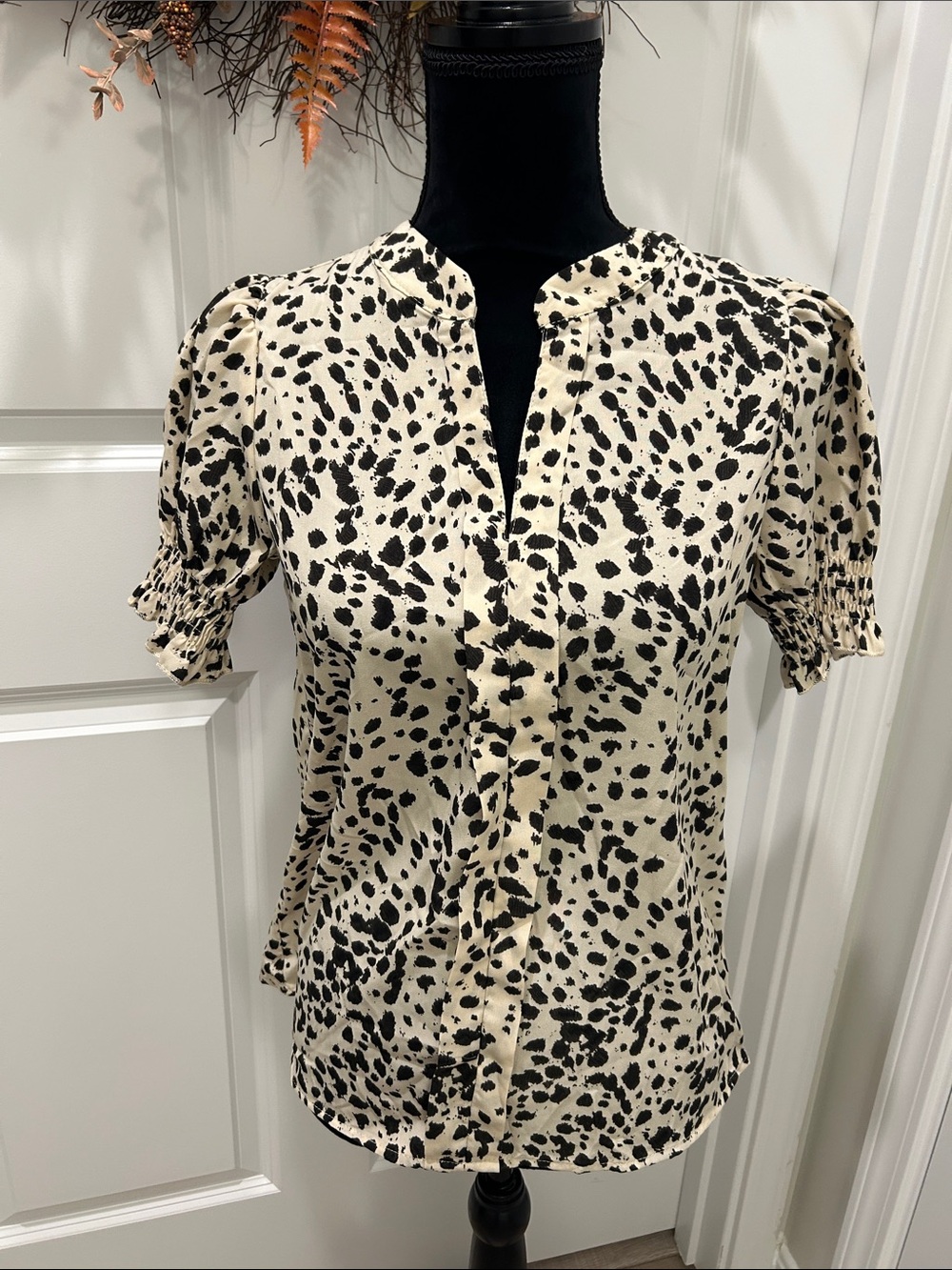ZARA Cream and Black Dalmatian Print Gathered Puff Sleeve Blouse. BRAND NEW!
